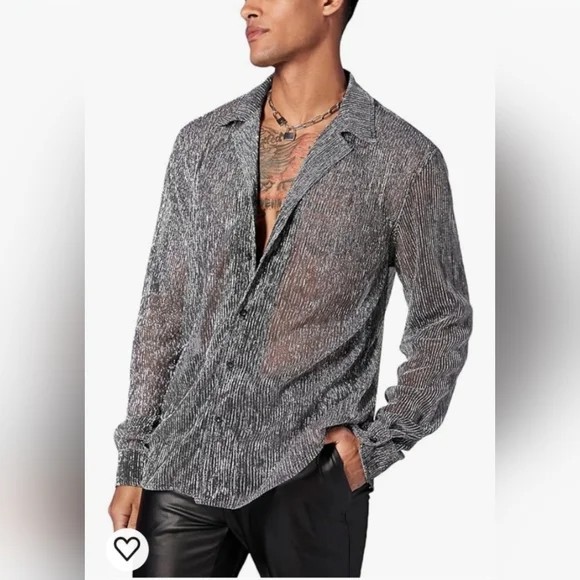 WDIRARA Men’s Sheer Mesh See Through Glitter Button Front Long Sleeve Shirt, 2XL