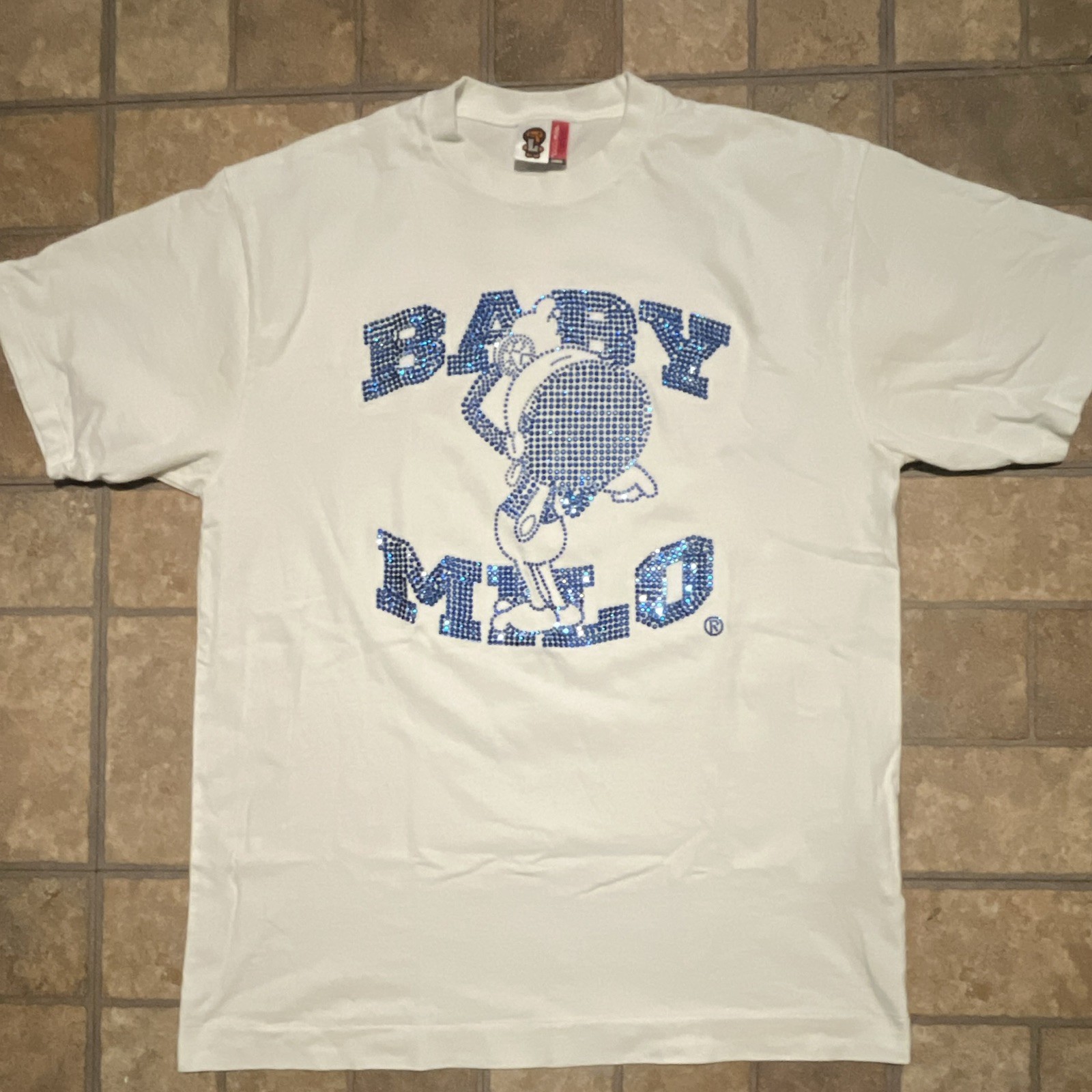 A Bathing Ape BAPE Baby Milo White Logo Graphic Cotton Knit Tee Crew Neck L gallery