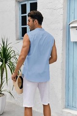 Mens Linen Cotton Sleeveless Button Down Shirt Summer Beach Casual Top