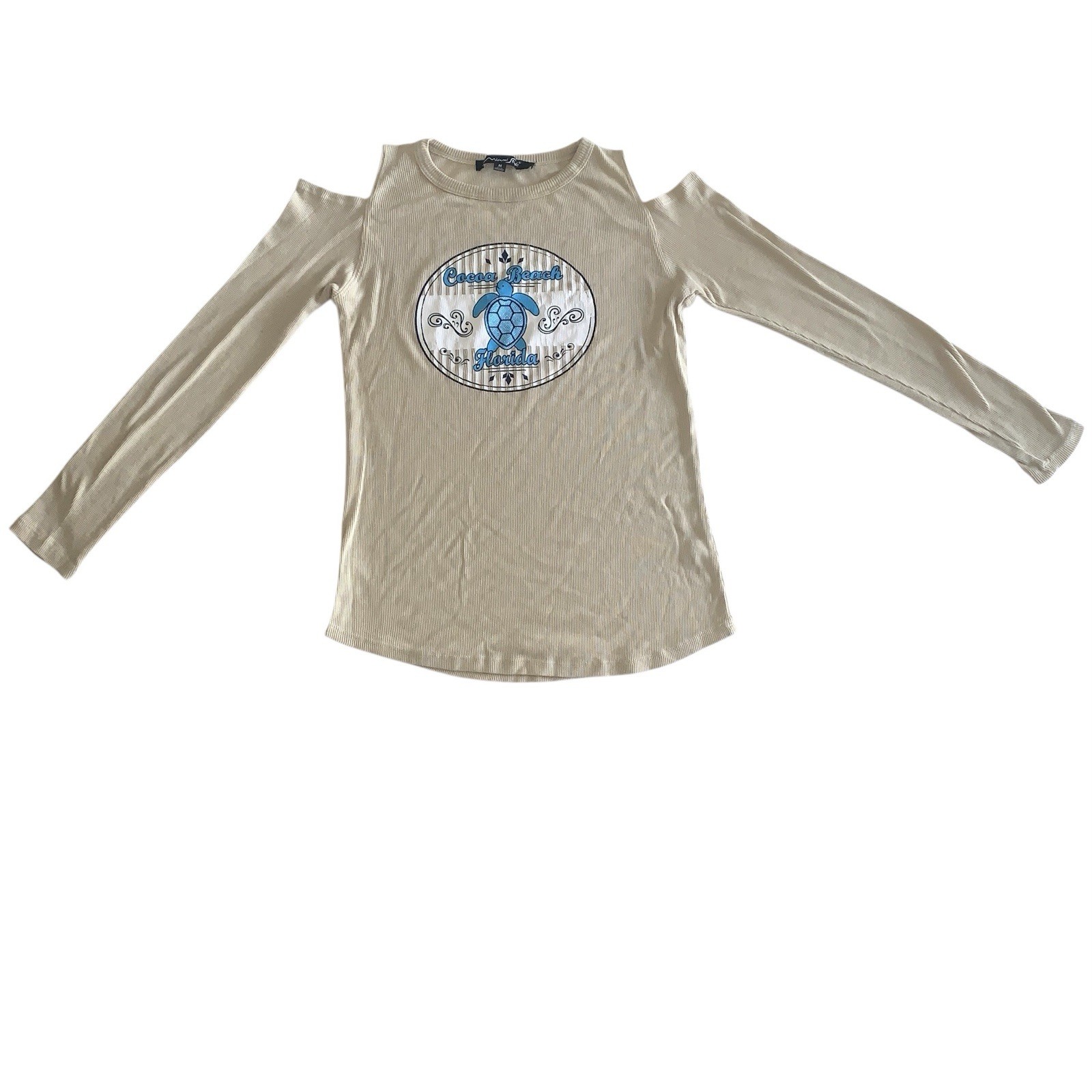 Miami Style M Long-Sleeve Cold-Shoulder Beige Cocoa Beach Florida Turtle Top gallery