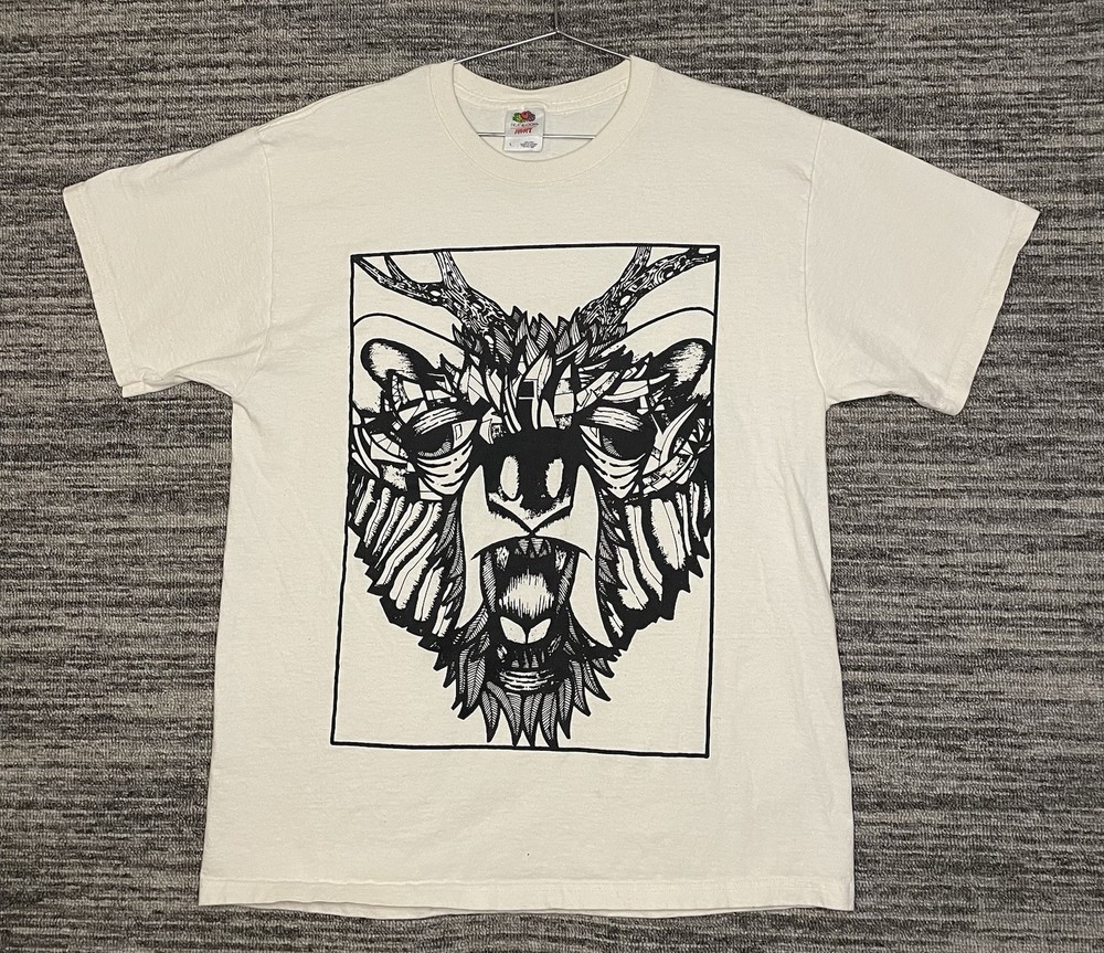 Vintage Bear With Antlers Geometric Style Shirt Size L Cream Color