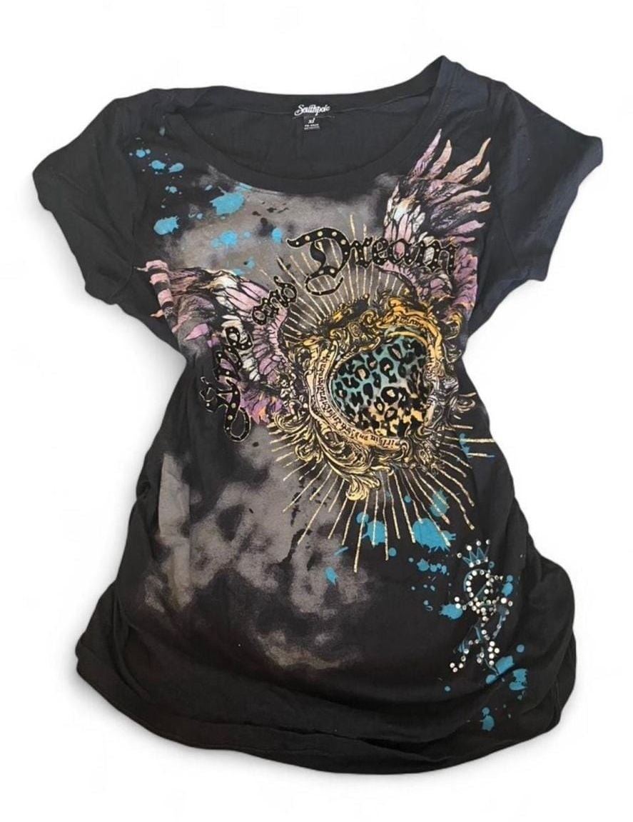 Southpole Vintage Y2K Wings and Dreams Graphic Rhinestone Fitted T-Shirt gallery