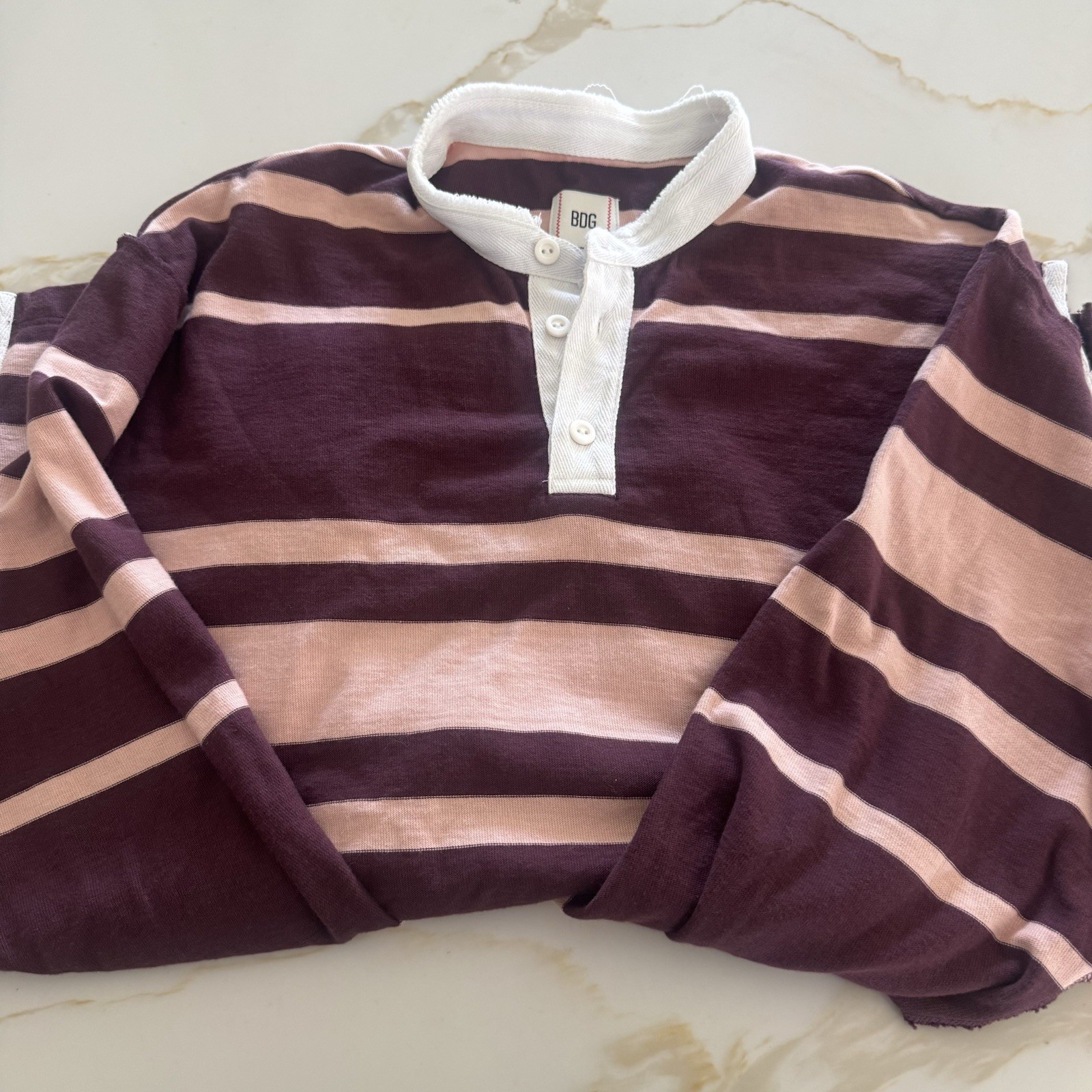 BDG Men's T shirt Size Medium Long Sleeve Striped Knit Cotton Purple Pink White gallery