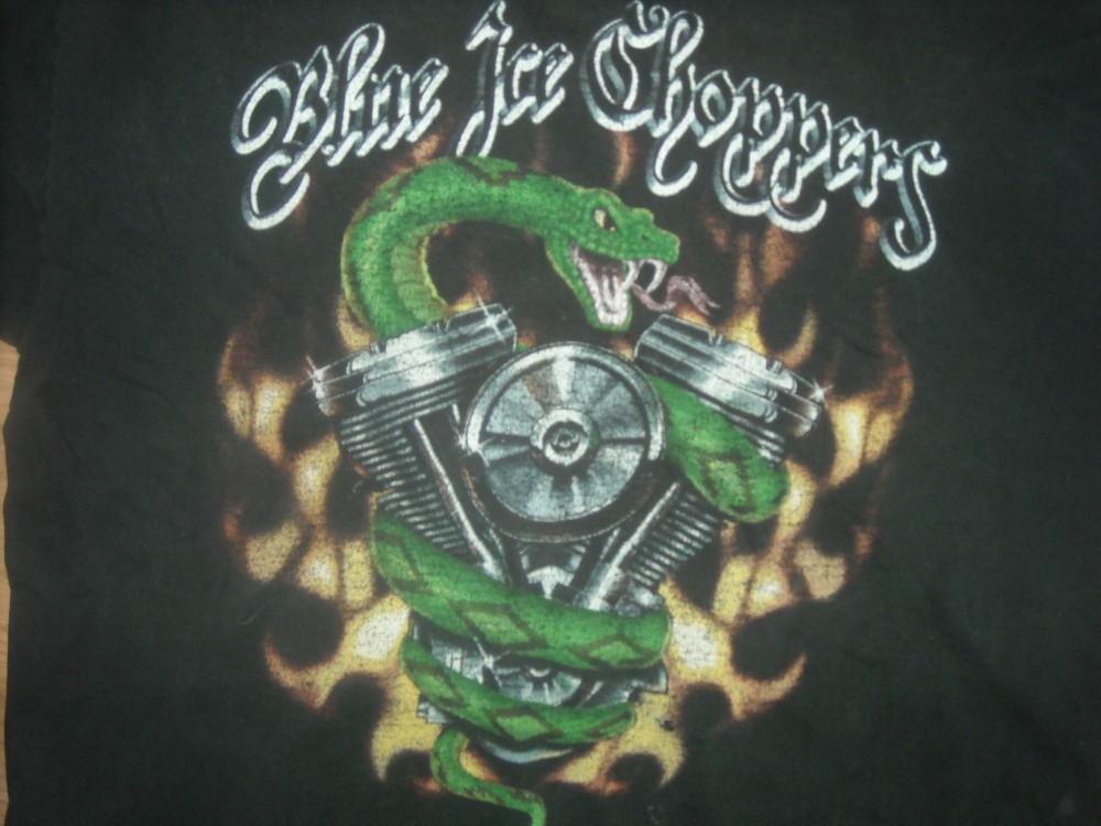 THIS IS A VINTAGE 80S 90S BLUE ICE CHOPPERS MOTORCYCLE BIKER BLACK XL SHIRT