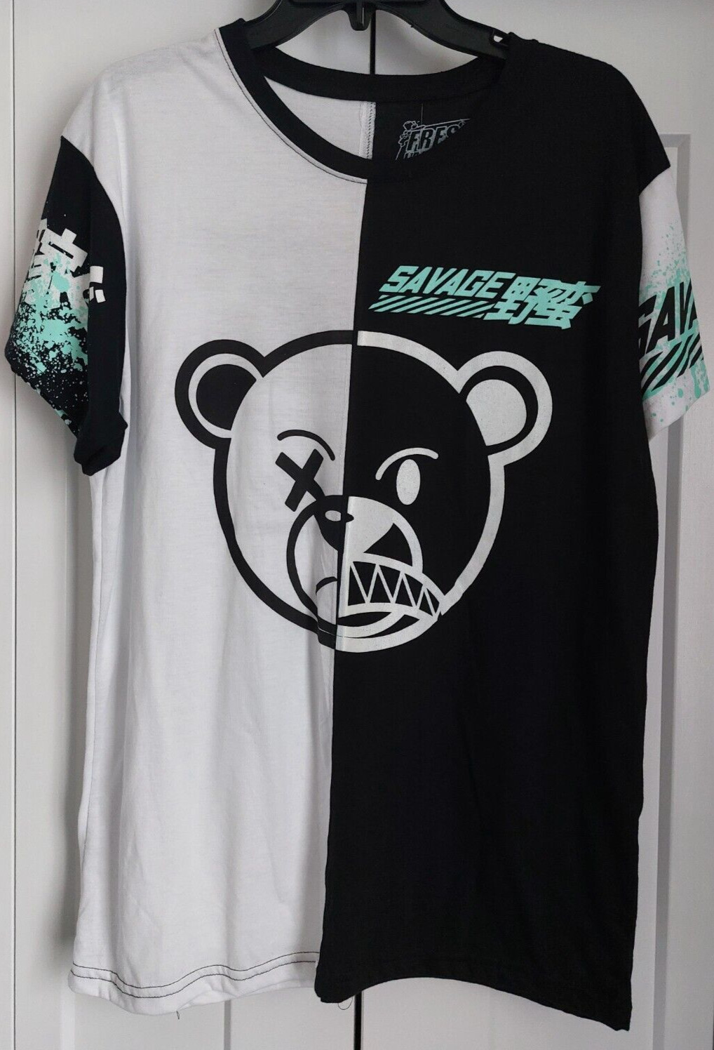 FRESH LAUNDRY SAVAGE STREET LEGEND BLACK/WHITE/TEAL BEAR SHIRT MENS L NWT