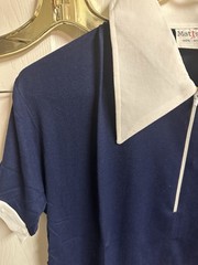 Vnt 60s 70s Matisse Nylon Dagger Collar Shirt Sz 42 Med Blue Zip Short Sleeve