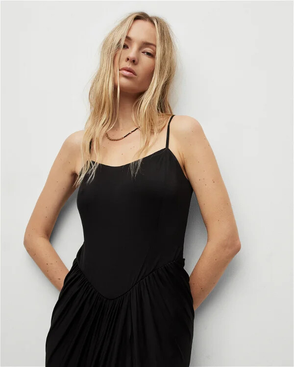 All Saints Womens Draped Midi Dress Sleeveless Slim Square Neck Gathered Skirt gallery