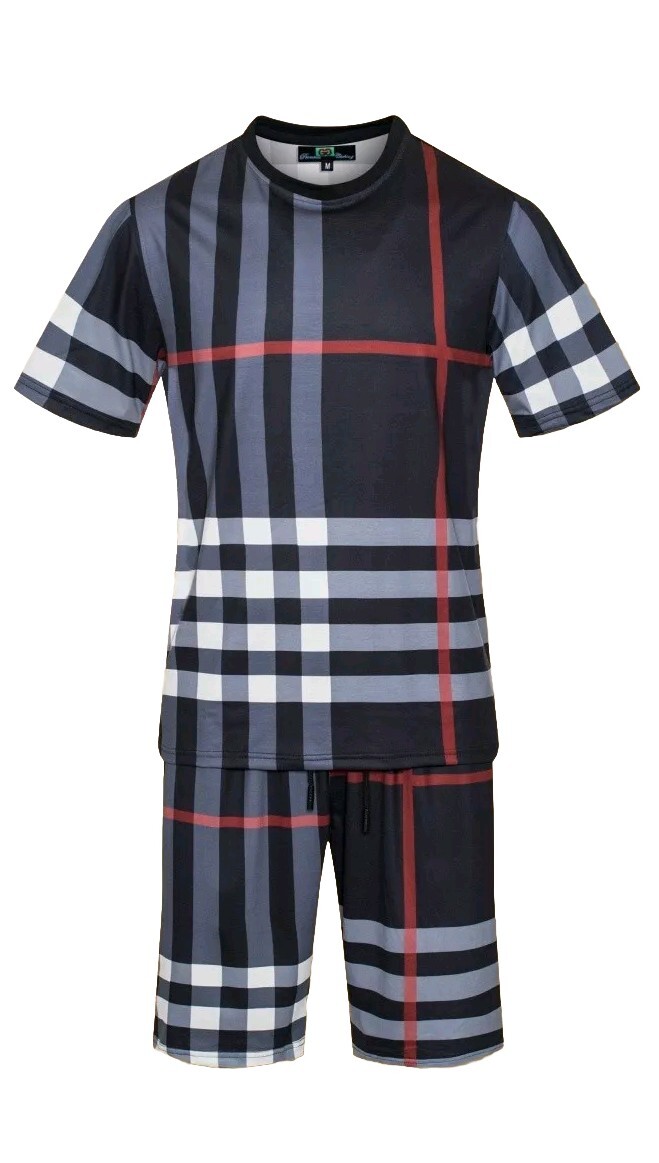 Men’s Italian fashion Black/gray Short Sleeves T-shirt/short Set squared/striped