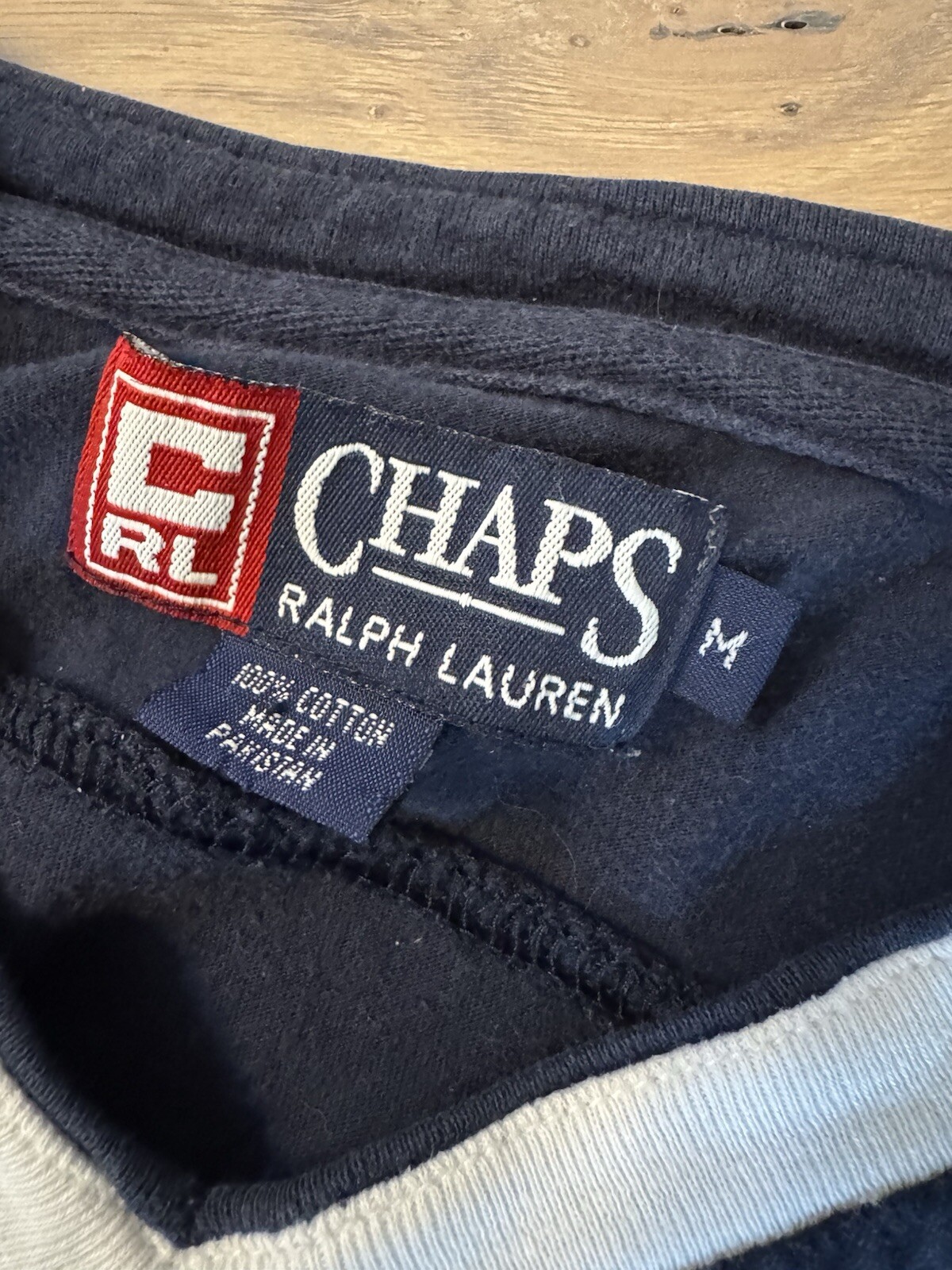 Chaps Ralph Lauren Vintage Embroidered Navy Tee With White V Collar - 90’s M gallery
