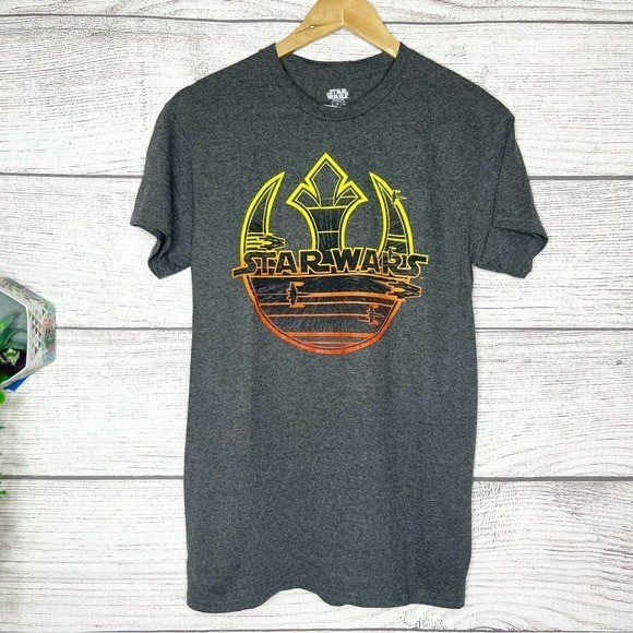 NWT Star Wars Dark Gray Tee with Yellow & Orange Sunset Rebel Logo Size Small gallery