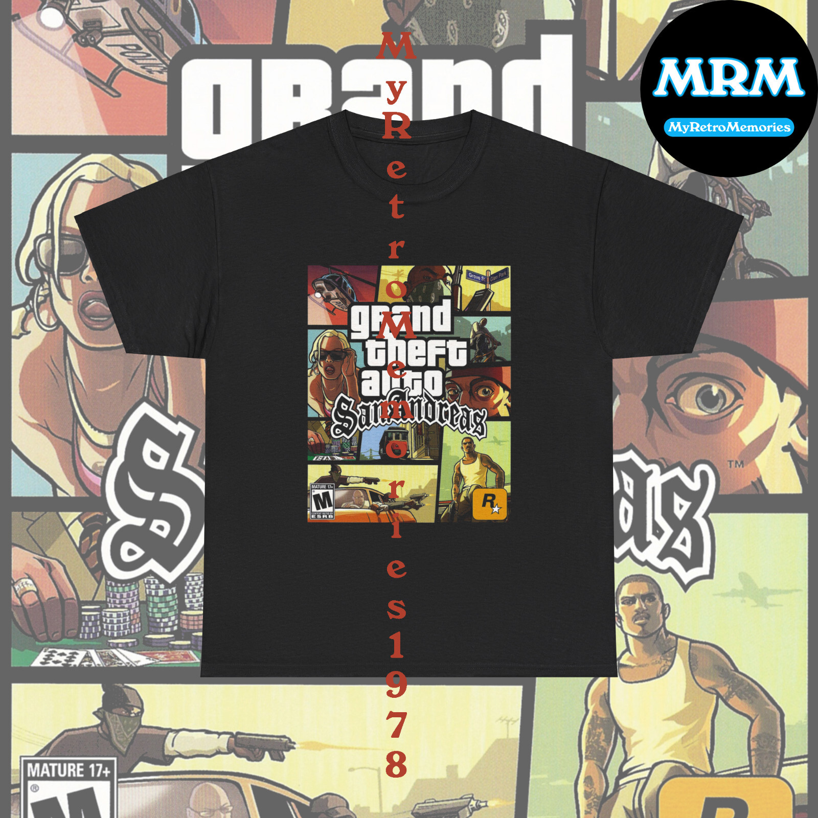 Grand Theft Auto San Andreas GTA Box Art Design Black T-Shirt S-5XL Retro Tee gallery