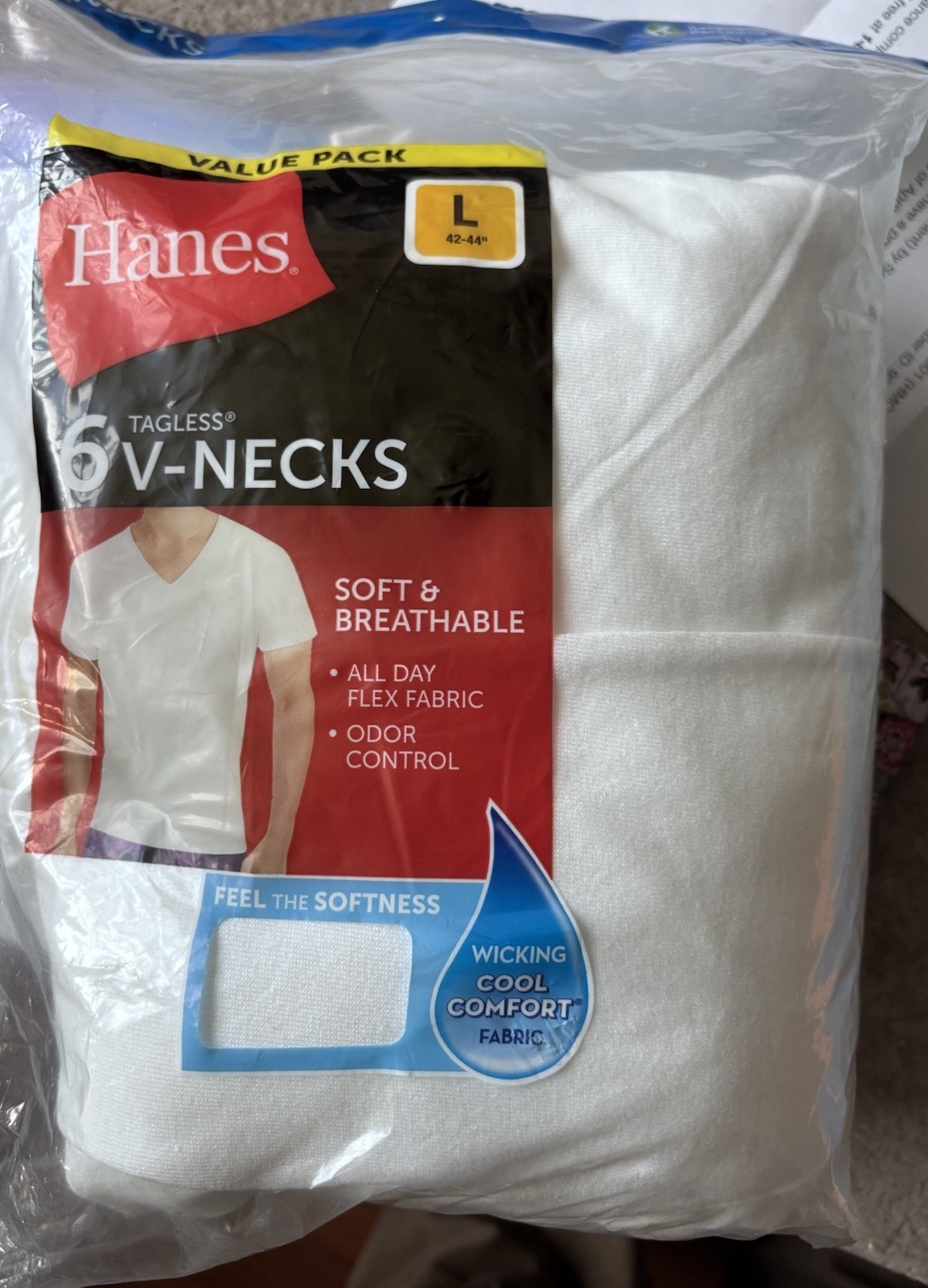 Hanes Men's V-Neck T-Shirt, Size L - White (6 Piece) 777VP6 42”-44” Chest NEW gallery