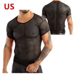 Men’s See Through T-Shirt Fishnet Mesh Sheer Clubwear Short Sleeve Shirts Tops