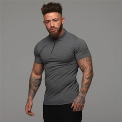 Solid Color Cotton Breathable Short Sleeve Polos Fashion Zip Collar Slim Fit Pol