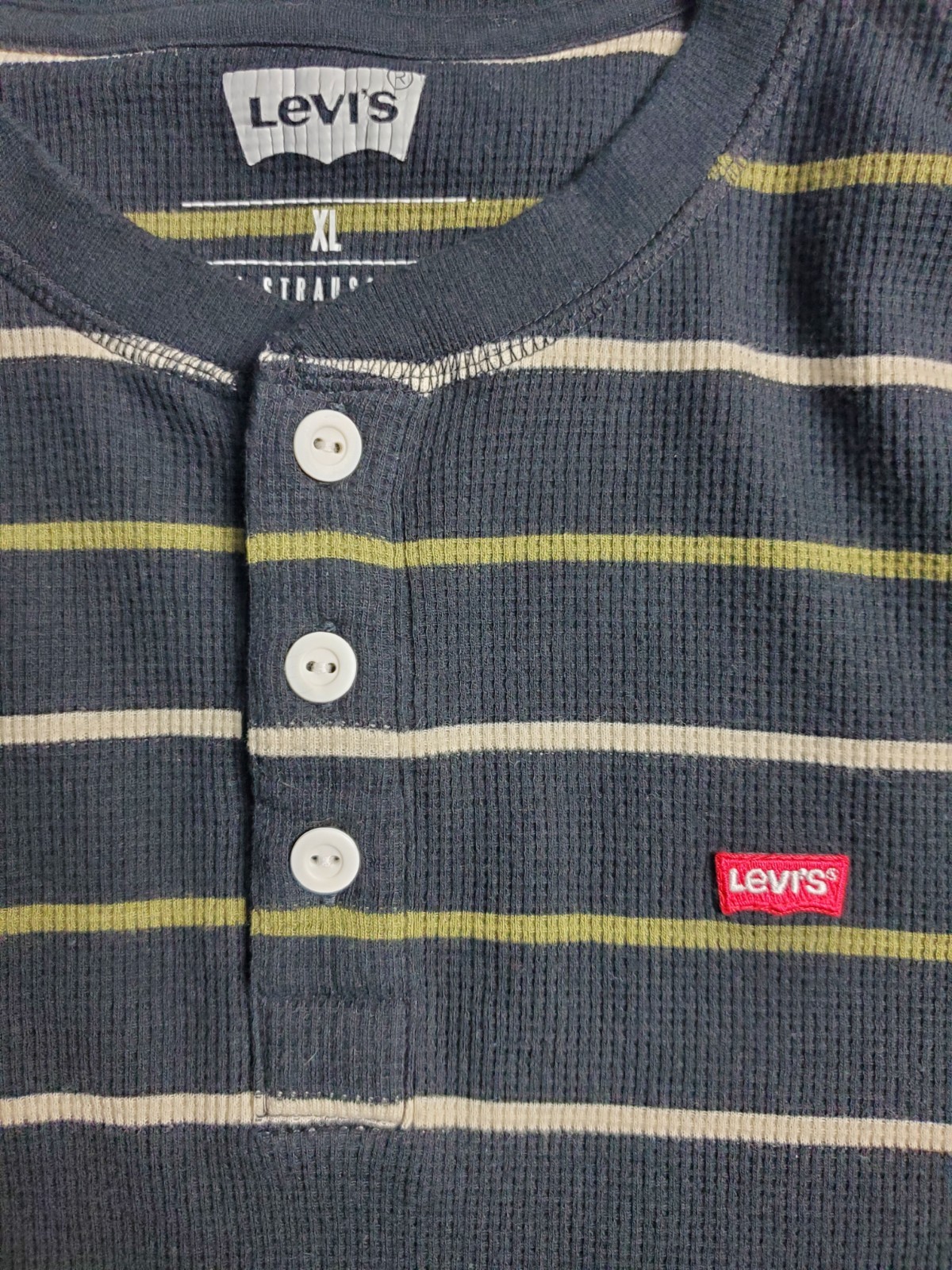 Levi's Mens XL Thermal Henley Olive Green Stripe Waffle Knit Long Sleeve Shirt gallery