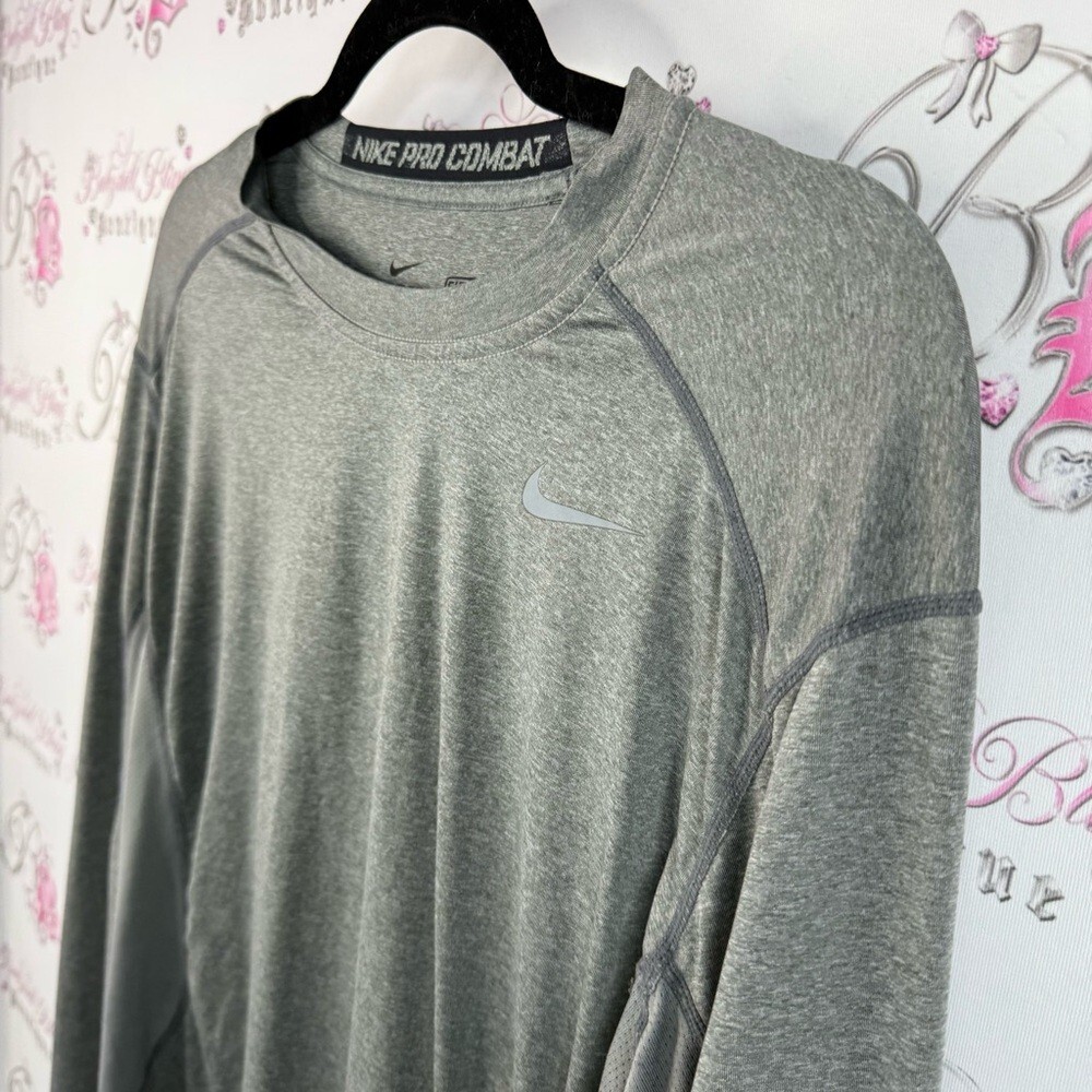 Nike long sleeve shirt dri fit grey silver Pro Combat Men's Long Sleeve Gray Tee gallery