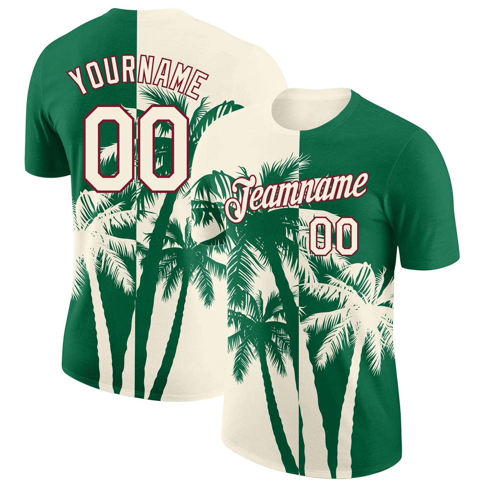 Custom Kelly Green Cream Crimson Hawaii Palm Tree T-Shirt Tropical Summer Mens gallery