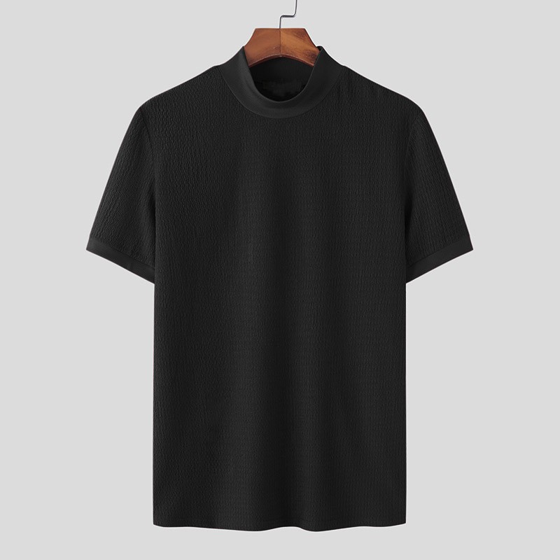 Mens Mock Turtleneck Pullover T-Shirt Knitted Sweater Slim Fit Short-Sleeve-Tee