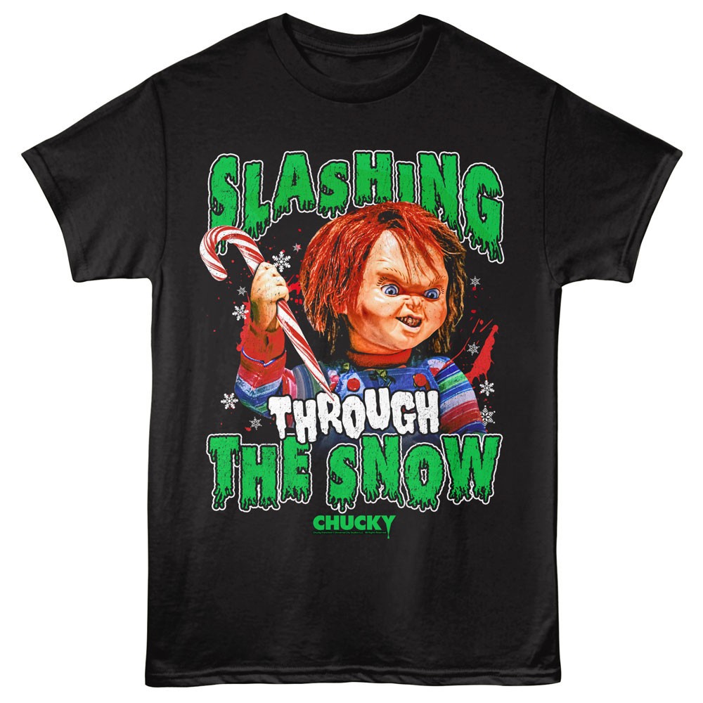 Childs Play Christmas Chucky Slashing Through The Snow Candycane Men's T Shirt gallery
