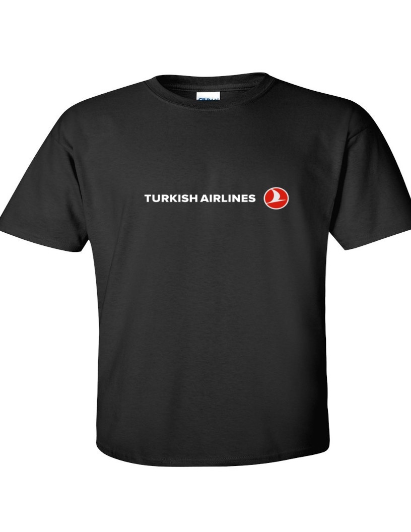 Turkish Airlines Red White Logo Turkey Aviation Black Cotton T-shirt