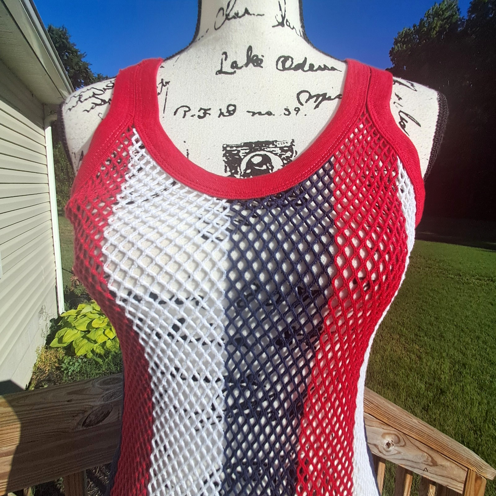 Vintage Trends String Vest Mesh Fishnet Tank Top Dress Large Patriotic USA Flag gallery