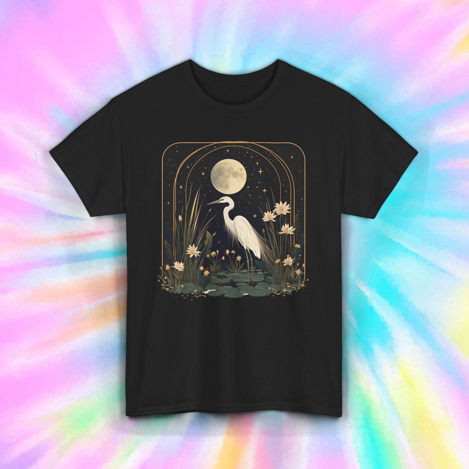 Moon Heron T-Shirt Elegant Night Nature Bird Art Tee S-5XL