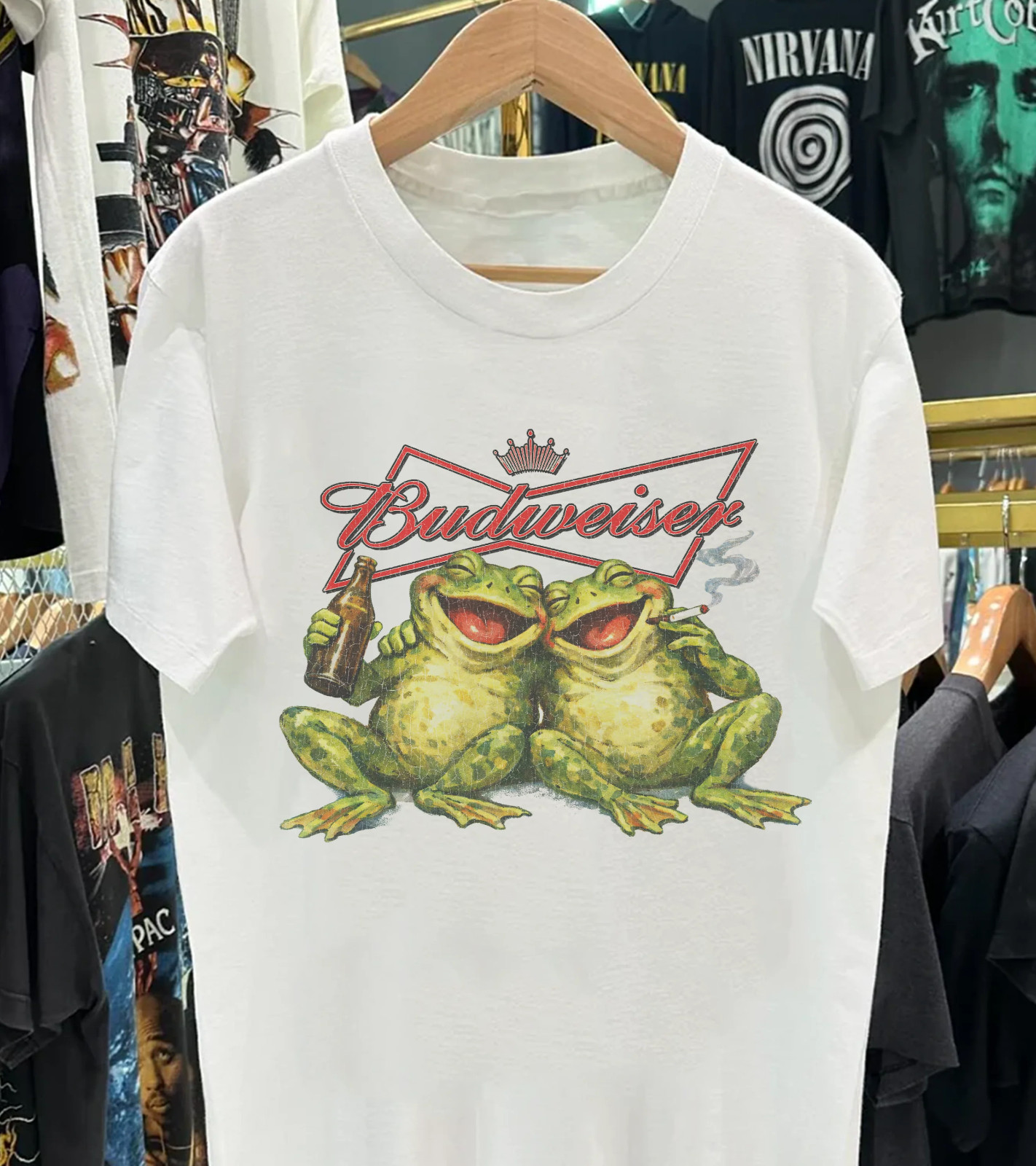 Bud Two Frogs Beer T-Shirt Vintage Retro Graphic Tee S-5XL