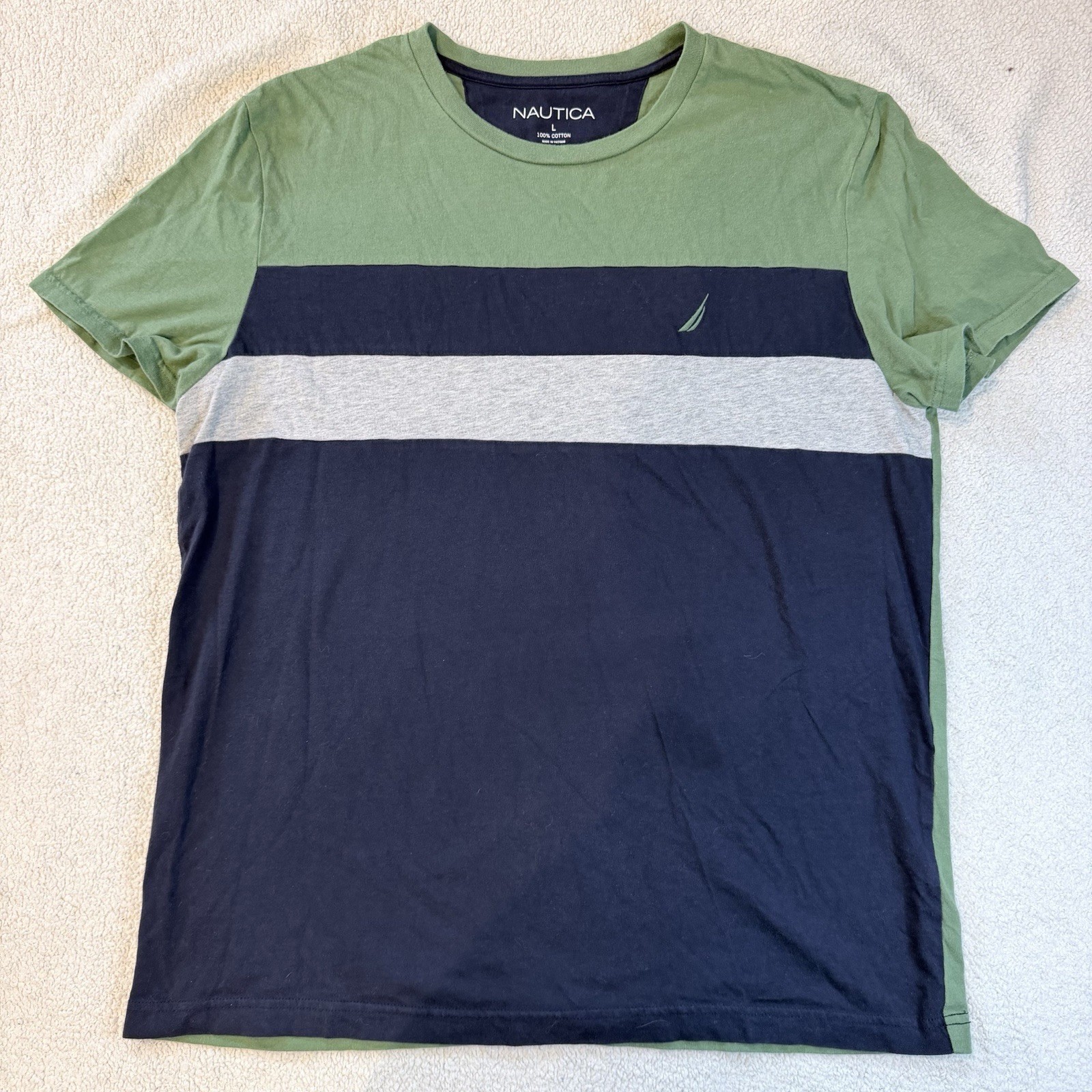 Nautica Men’s Colorblock Crew Neck Short Sleeve T-Shirt L Green Navy Gray Cotton