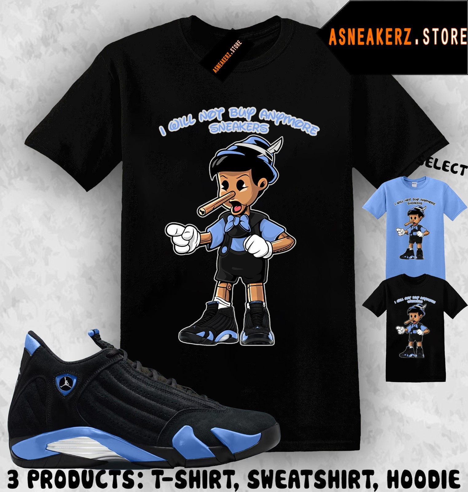 Shirt Match AJ 14 Black University Blue Sneaker Matching Sneakerhead Pinocchio gallery