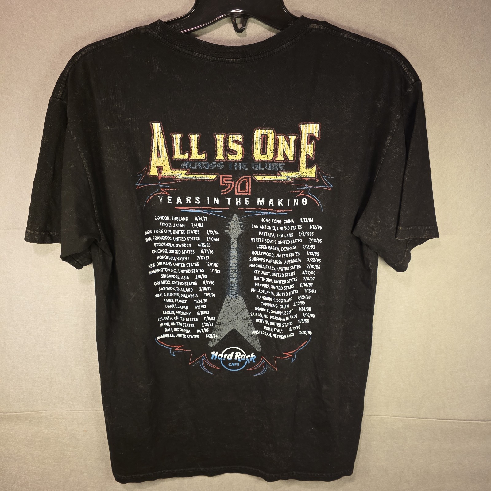 Hard Rock Cafe Guitar Co World Tour 50 Yrs Black Acid Wash Las Vegas Shirt XL gallery