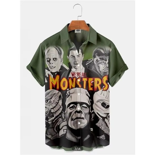 Mens Button Down Universal Monsters Halloween Hawaiian Top Novelty Holiday Gift