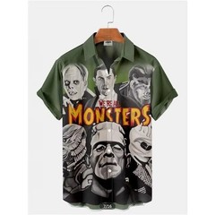 Mens Button Down Universal Monsters Halloween Hawaiian Top Novelty Holiday Gift