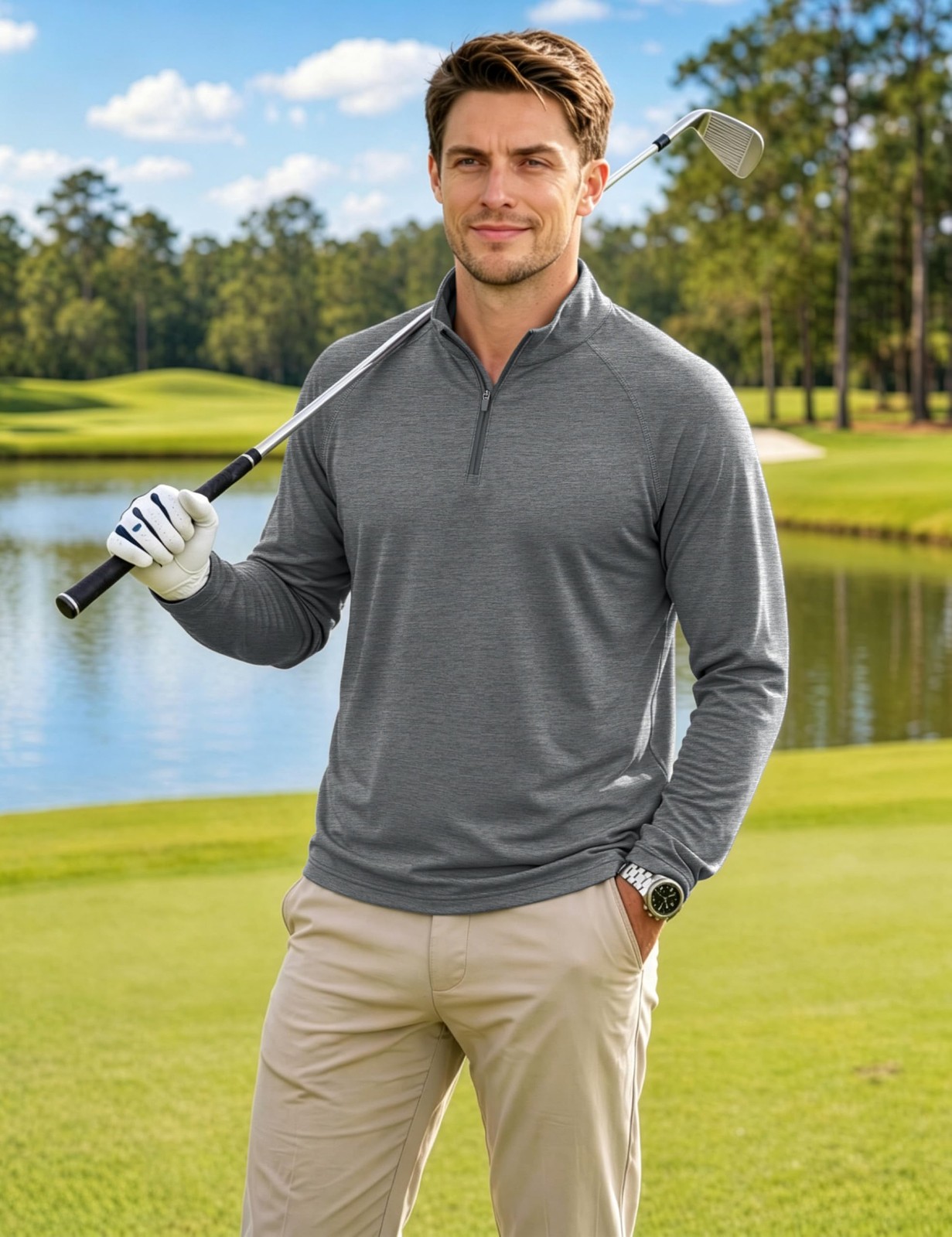 Mens Quarter Zip Pullover Long Sleeve Shirt UPF 50+ Lightweight Golf Shirts P... gallery