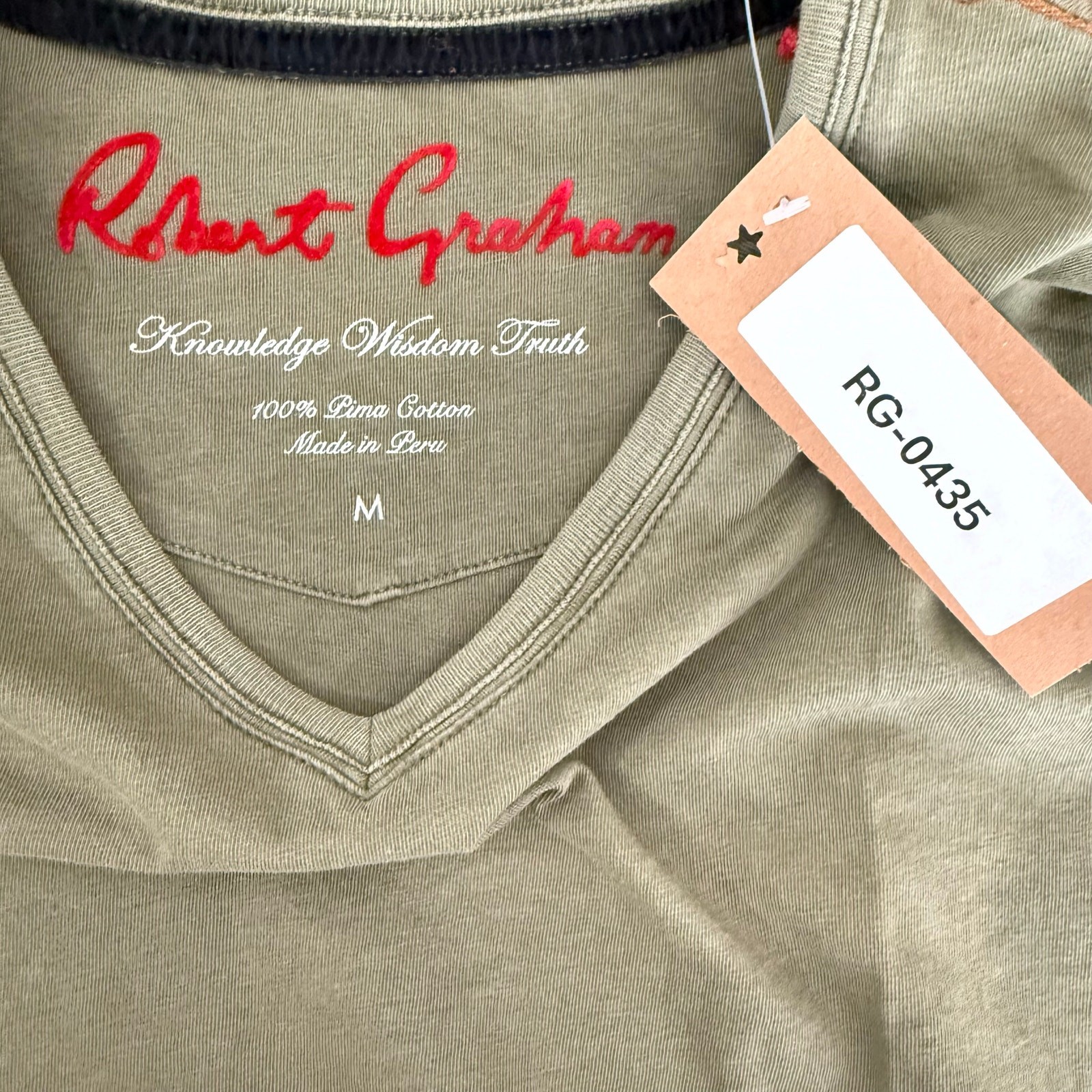 Robert Graham Casual Short Sleeve V-Neck T Shirt Solid Olive Green SUN DAMAGE M gallery