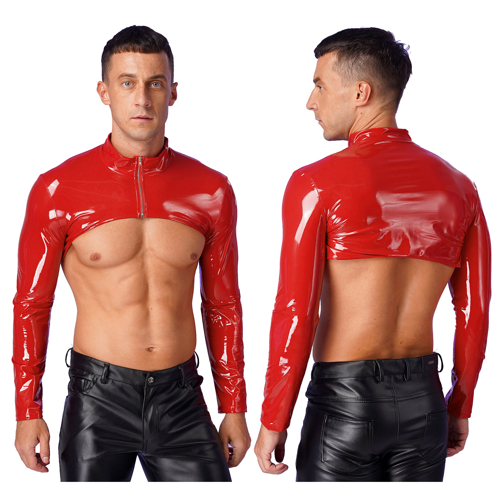 US Mens Shrug Stand Collar Clubwear Long Sleeve Crop Top Patent Leather Slim Top