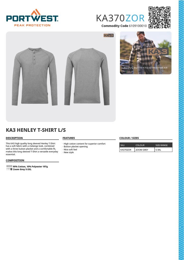 Portwest KA370 KA3 High Quality Cotton Long Sleeved Henley T-Shirt L/S Zoom Grey gallery