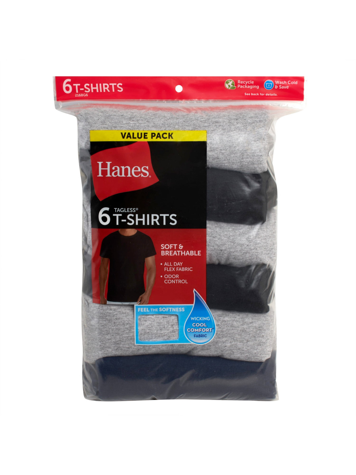 Hanes® 100% Cotton Men’s 6-Pack Crew-TEE “TAGLESS®-KEEPS-COOL-SOFT-BREATHABLE”
