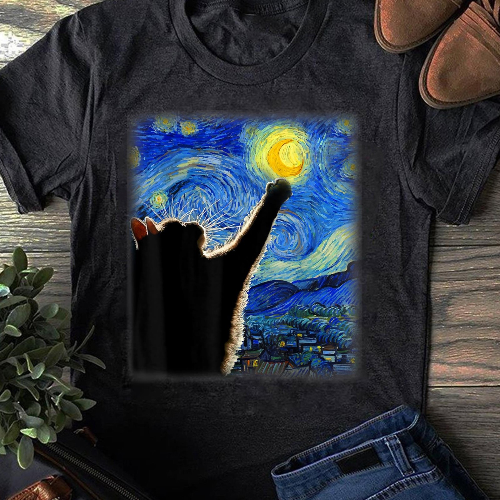 Starry Night Cat T Shirt Classic Fit Cat LoverMom Dad Gift Black Cat Lover Gift
