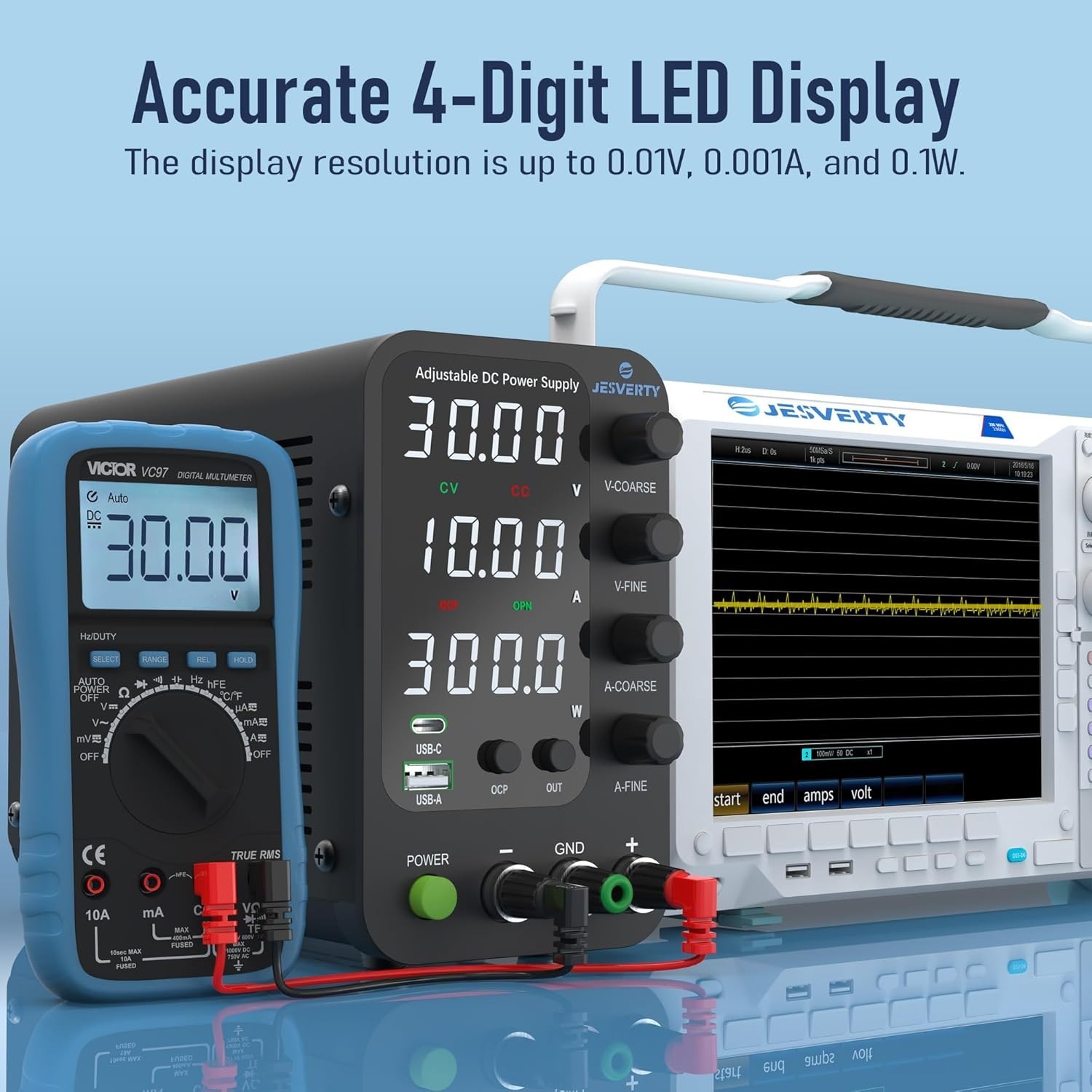 Variable DC Power Supply 0-32V 0-10A Switching Bench with USB-C Quick Charge