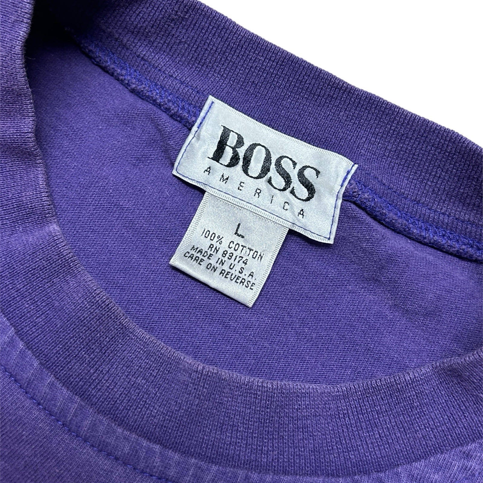 Vintage 90s BOSS America Shirt Big Logo Spellout Purple Hip Hop Rap Size L USA gallery