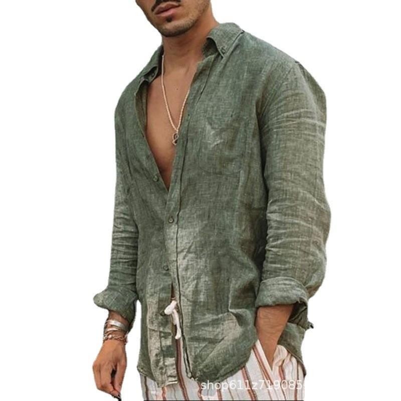 Casual Men Cotton Linen Shirt Long Sleeve Loose Blouse Button Down Shirts-Tops gallery