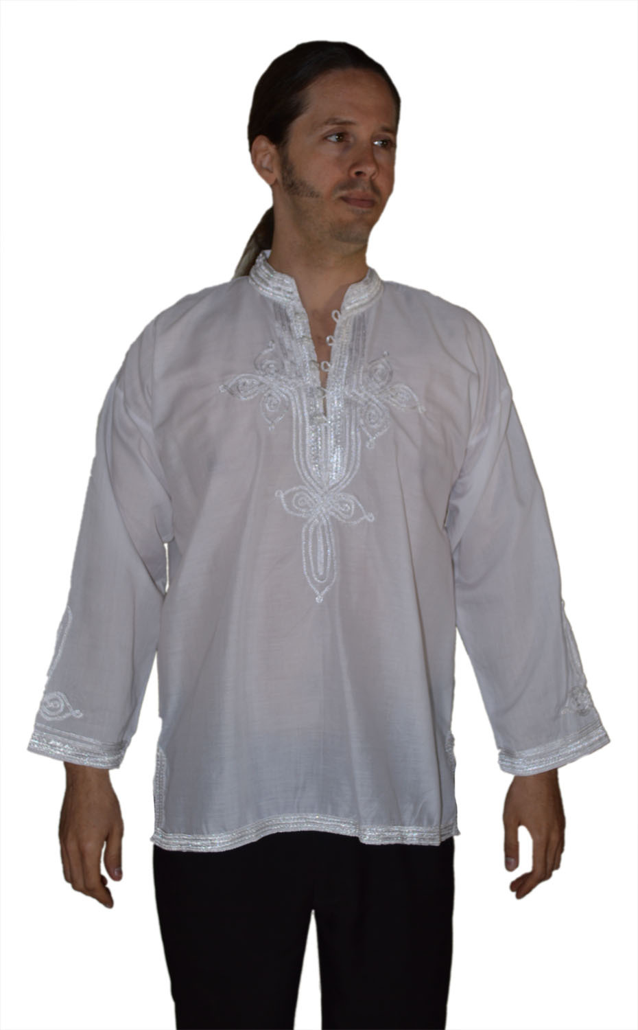 Moroccan Men Tunic Shirt Cafan Casual Handmade Embroidered Cotton X- Large White gallery