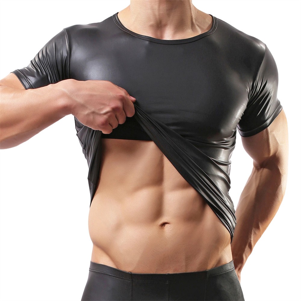 Glossy Pvc Leather Mens Short Sleeve Tops Fitness Club T-shirt New Tops Clothing gallery