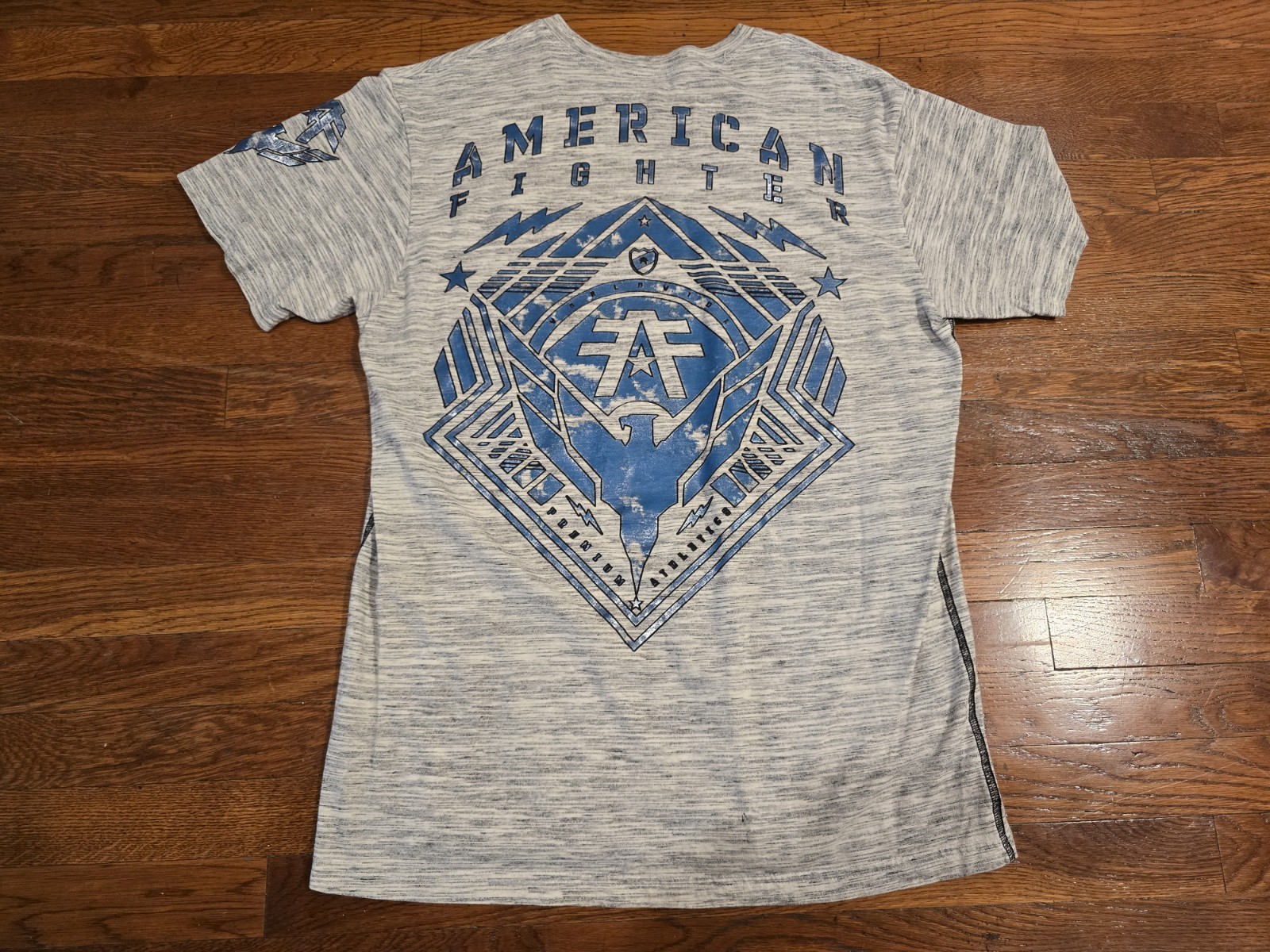 American Fighter Premium Athletic Mens Sz XL T-Shirt MMA Gray Blue Shiny Graphic