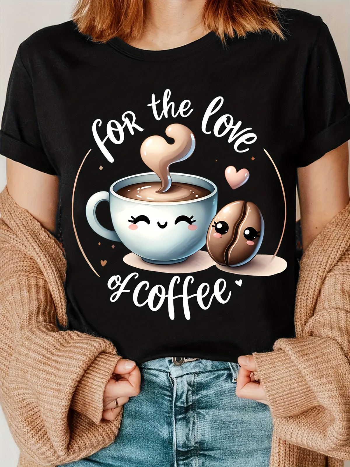 Unisex Coffee Lover Graphic T-Shirt - Funny Coffee Cup & Beans Print with for gallery