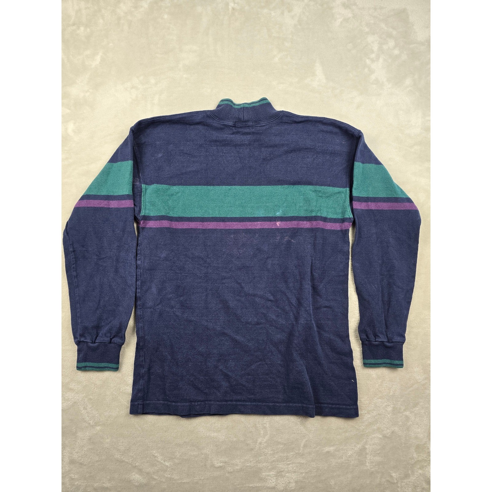 Vintage L.L. Bean Mock Neck Shirt Mens M Blue Striped Long Sleeve Made in USA gallery