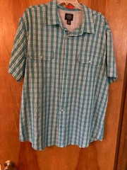 St Johns Bay Mens Button Shirt – Aqua Plaid – Short Sleeves – XXL – EC
