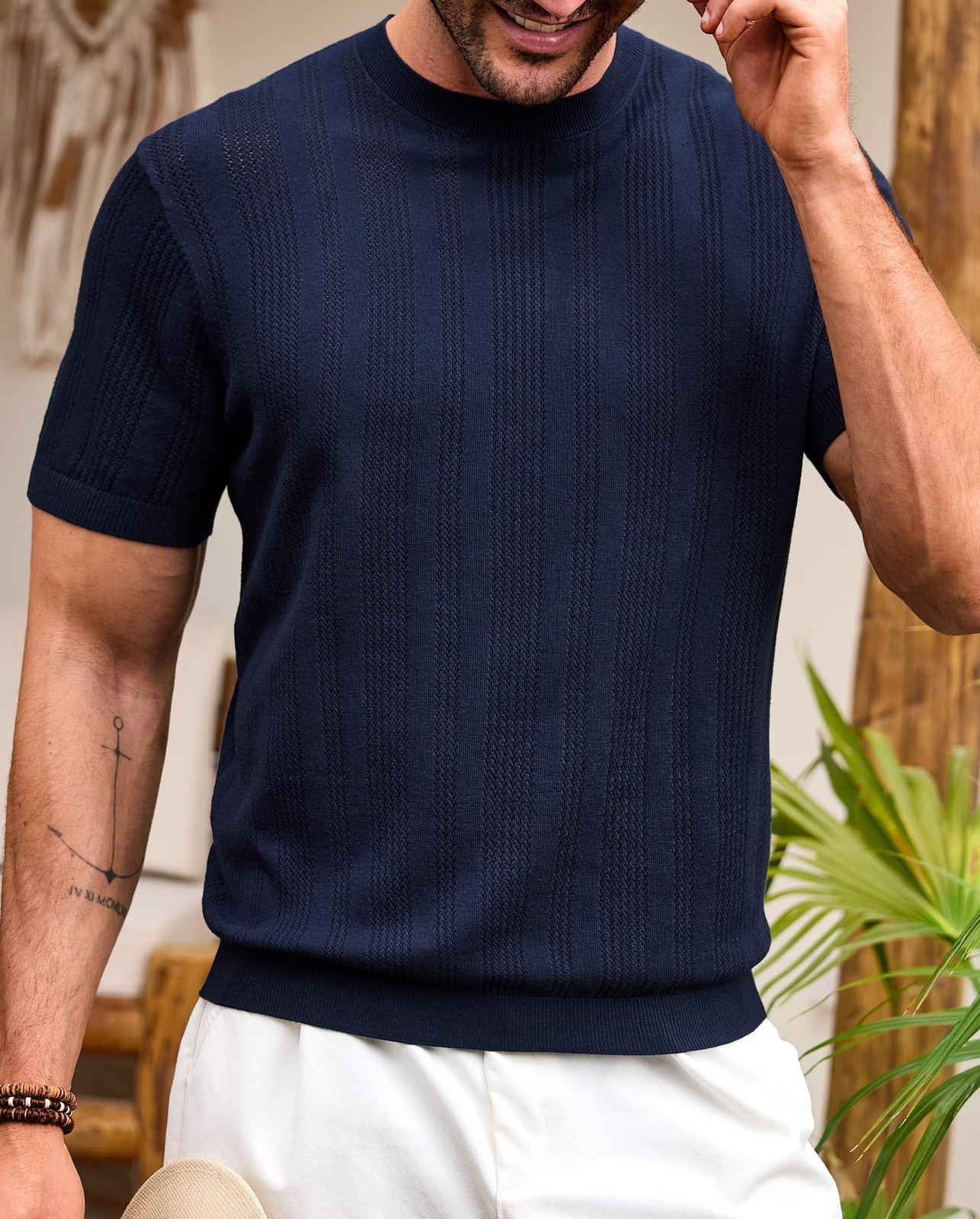 Mens Knit Tshirt Stylish Trendy T-Shirt Breathable Spring Shirts Crochet Vint... gallery