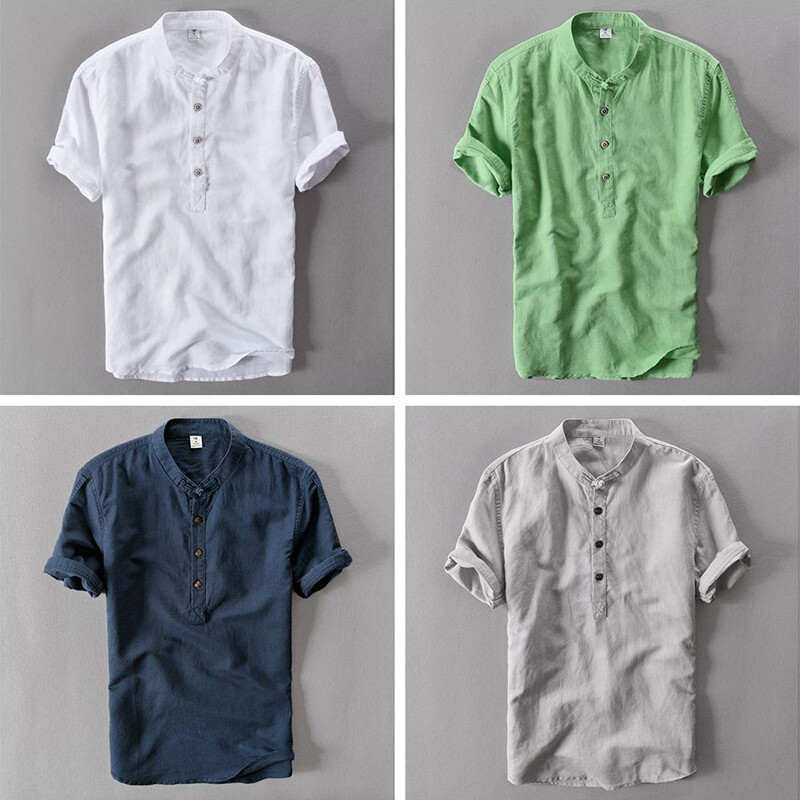 Men Linen Cotton Short Sleeve T-shirt Henley Neck Grandad Tops Tee Shirt White gallery