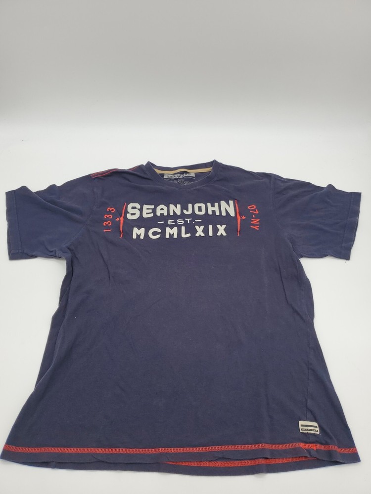 Sean John Large Blue Graphics Men Patch Logo Men Shirt.#47376